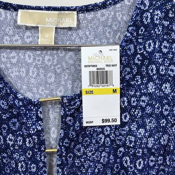 MICHAEL KORS Womens M Sleeveless Faux Wrap Top Navy Geo Print Beaded Neckline - Picture 3 of 9